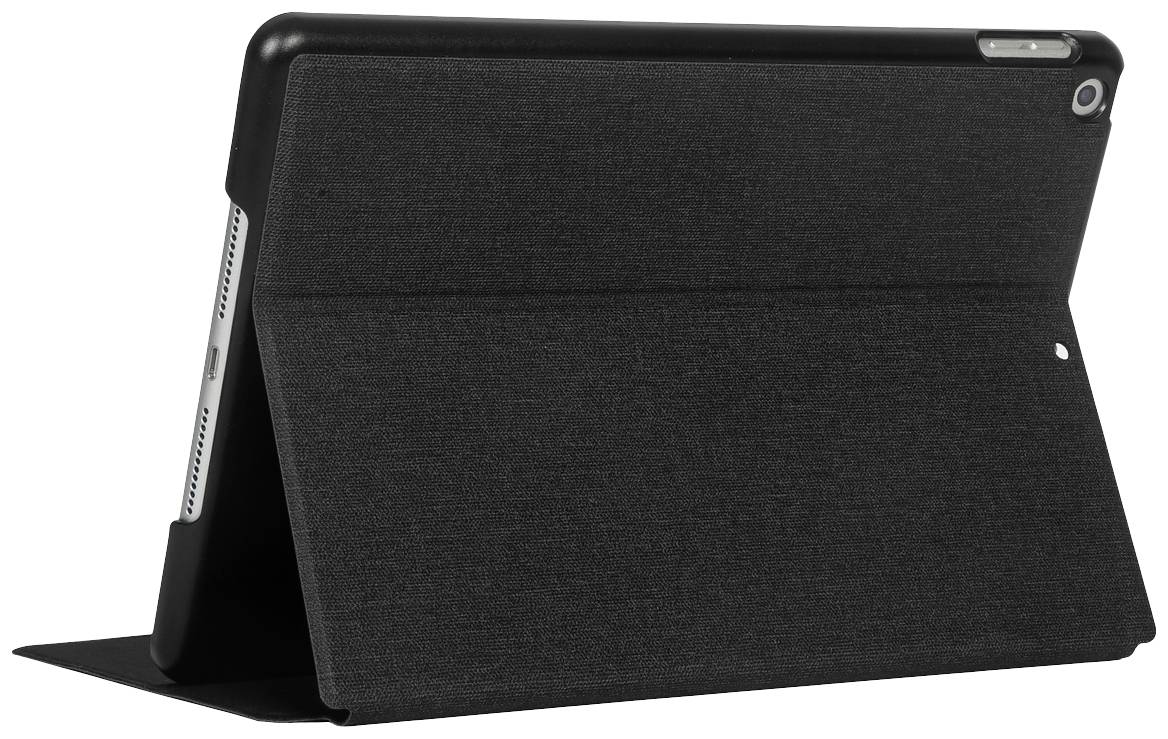 Tablet in schwarzer Schutzhülle, nach hinten gerichtet, zeigt das schlanke Design mit der Kameraöffnung und Lautsprecherausschnitten.