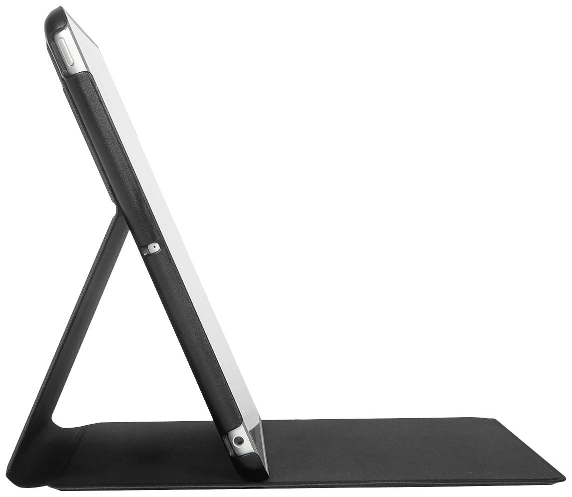 'Ein schwarzes Tablet steht in einem faltbaren Ständer, das Display zeigt nach links.'