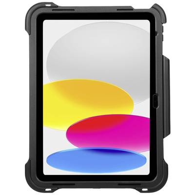 Tablet mit robustem schwarzen Gehäuse. Der Bildschirm zeigt bunte, überlappende Ovale in Gelb, Rosa und Blau auf weißem Hintergrund.