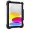 Ein Tablet mit stabilem schwarzen Schutzgehäuse, Display zeigt bunte, überlappende Kreise in Gelb, Rosa und Blau auf weißem Hintergrund.