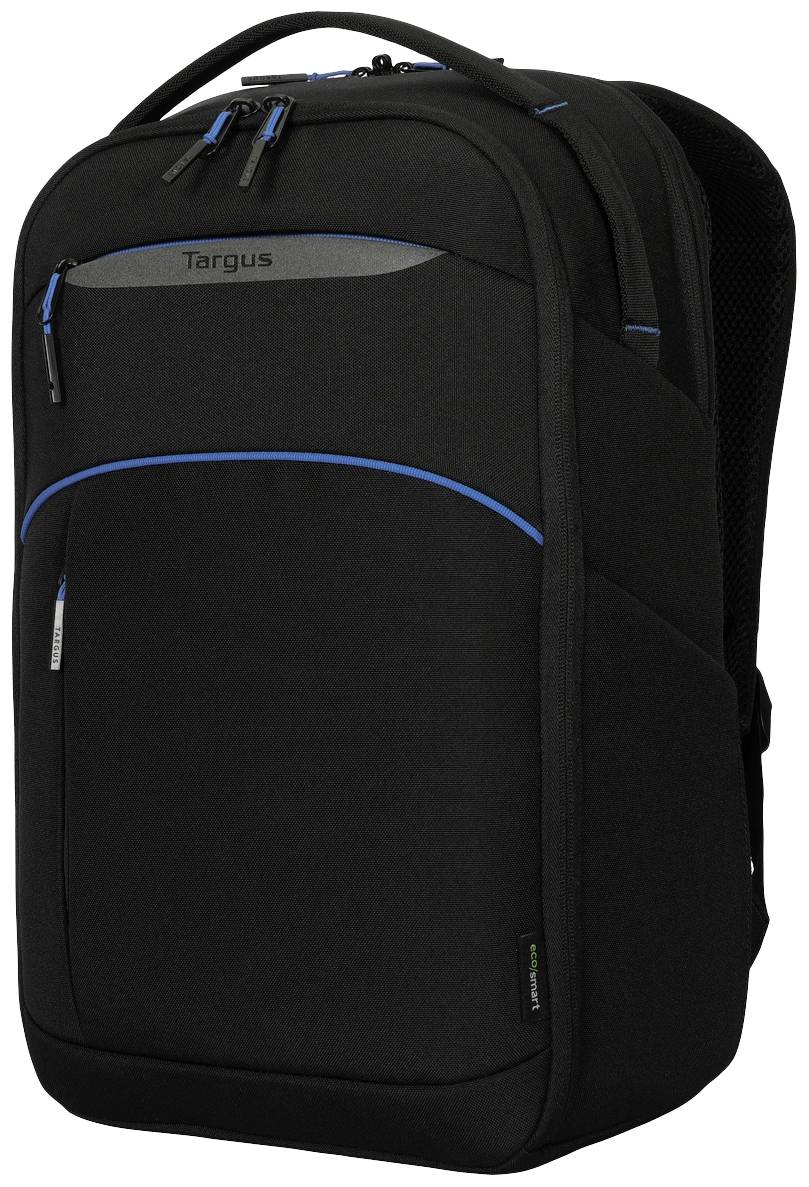 Ein schwarzer Laptop-Rucksack mit blauen Akzenten und mehreren Reißverschlusstaschen, ideal für Arbeits- oder Schulzwecke.