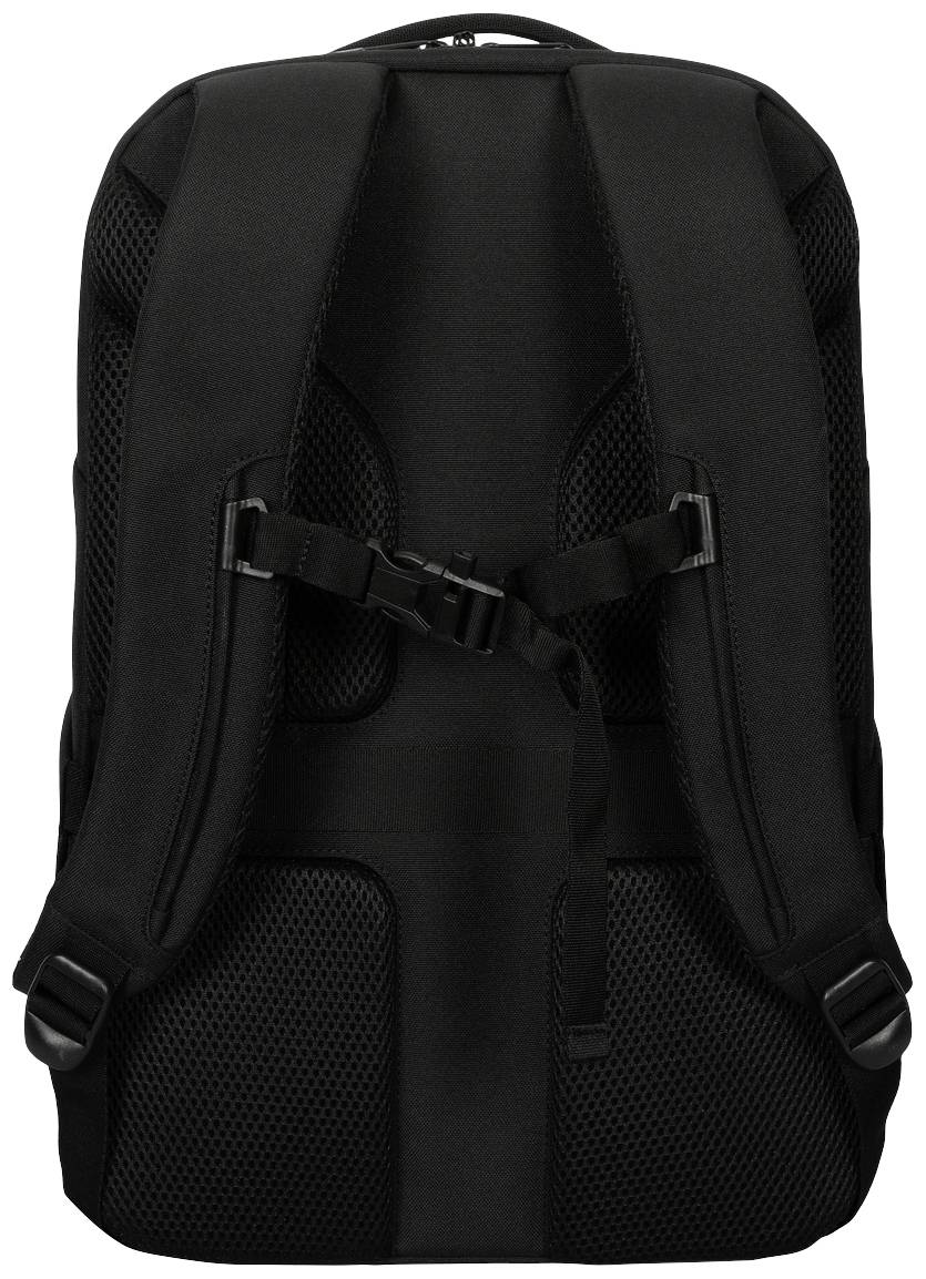 Schwarzer Rucksack mit gepolsterten Schultergurten und Brustgurt, Ansicht von hinten. Ideal für Reisen oder Schule.