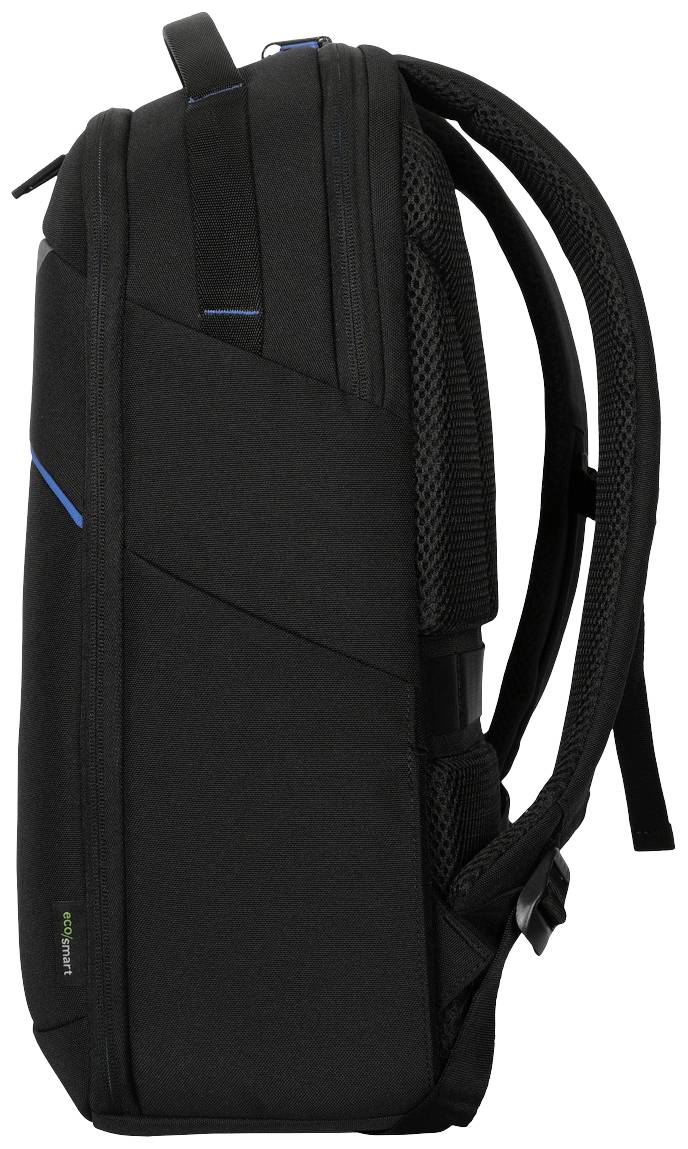 Schwarzer Rucksack in seitlicher Ansicht, zeigt ergonomisches Design und gepolsterte Gurte.