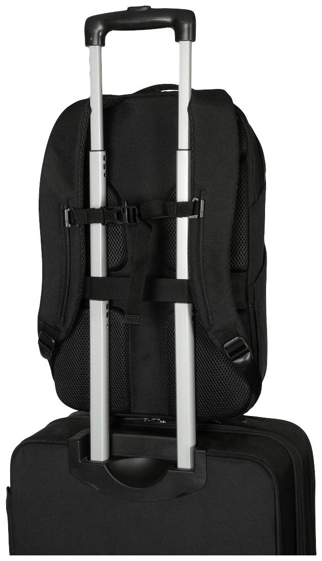 Schwarzer Rucksack an einem ausziehbaren Griff eines Koffers befestigt, seitliche Ansicht. Beide sind für Reisen geeignet.