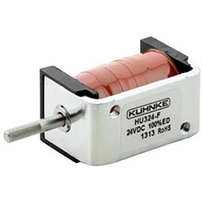 Ein Linear-Magnet mit roter Wicklung und Stange. Das Etikett zeigt: 'Kuhnke HU324-F, 24VDC, 100% ED, 1313'. Produkt zur elektrischen Bewegungskontrolle.