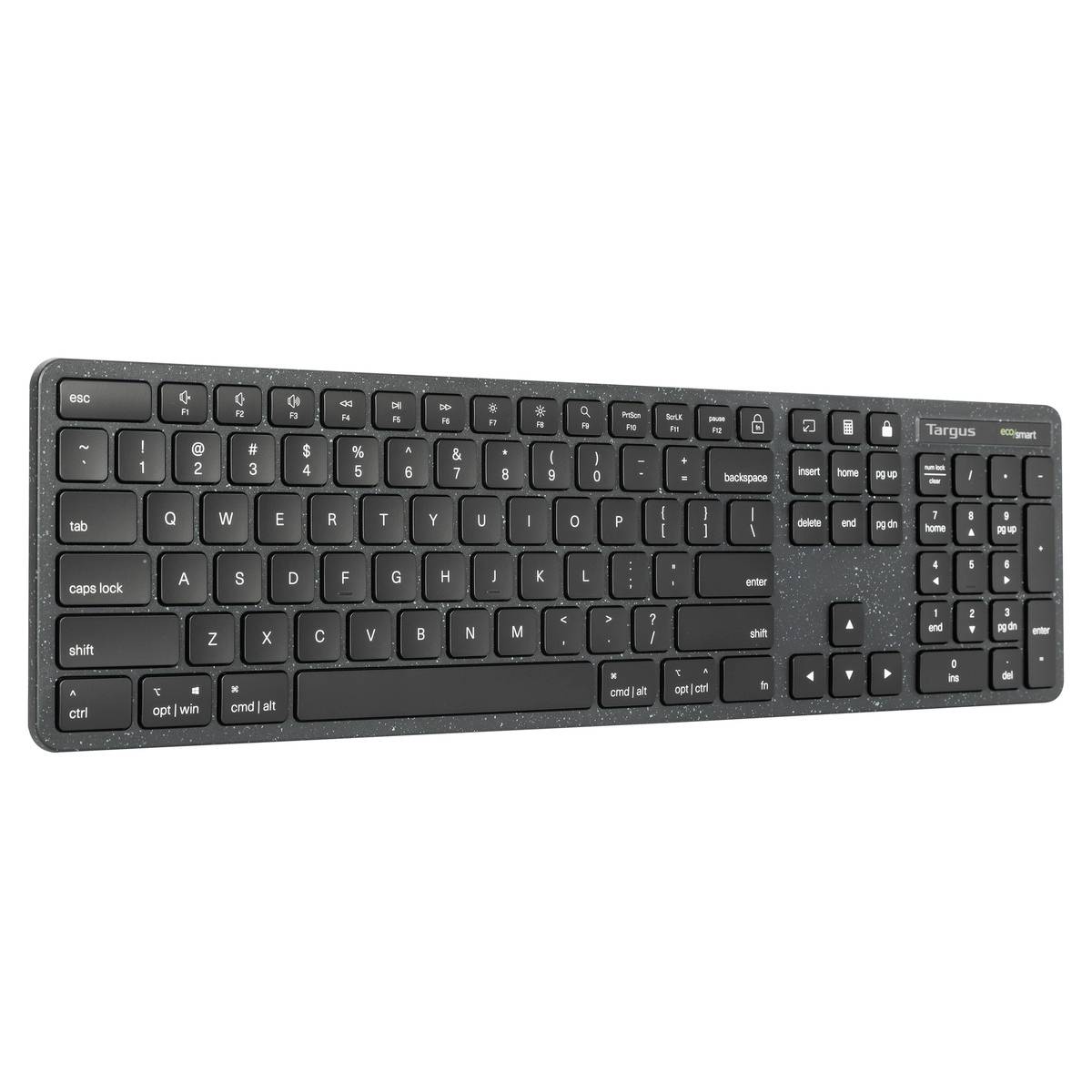 Eine schwarze kabellose Tastatur mit flachen Tasten und Ziffernblock, geeignet für PCs und Laptops.
