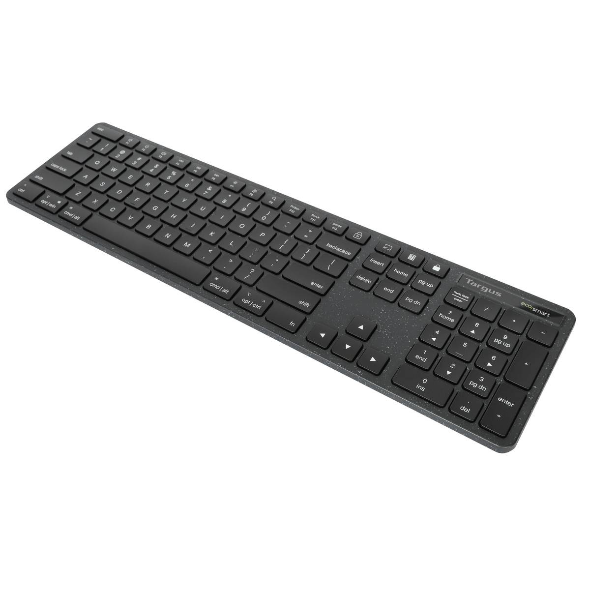 Kabellose, schwarze Computertastatur mit schmalem Design, numerischem Tastenfeld und Multimedia-Tasten.