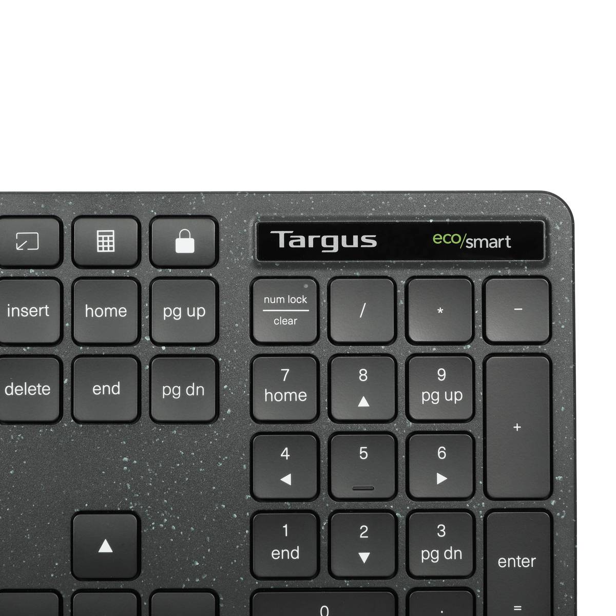Tastatur-Nummernblock mit 'Targus' Logo und 'eco/smart'. Zeigt Tasten von 'Num Lock' bis 'Enter'.