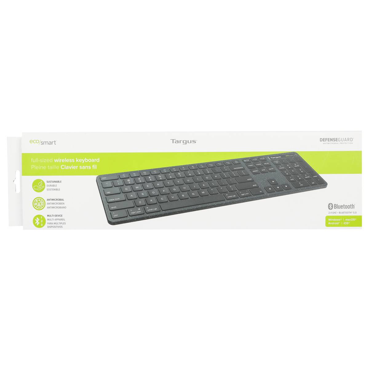 Verpackung einer kabellosen Bluetooth-Tastatur von Targus, EcoSmart- und DefenseGuard-Produktlinie, abgebildet auf grünem Hintergrund.