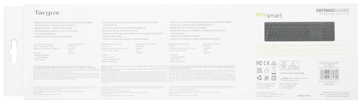 Verpackung eines Targus EcoSmart Produkts mit DEFENSGUARD. Zeigt eine Zeichnung einer kabellosen Tastatur und beschreibt Spezifikationen und Zertifizierungen.