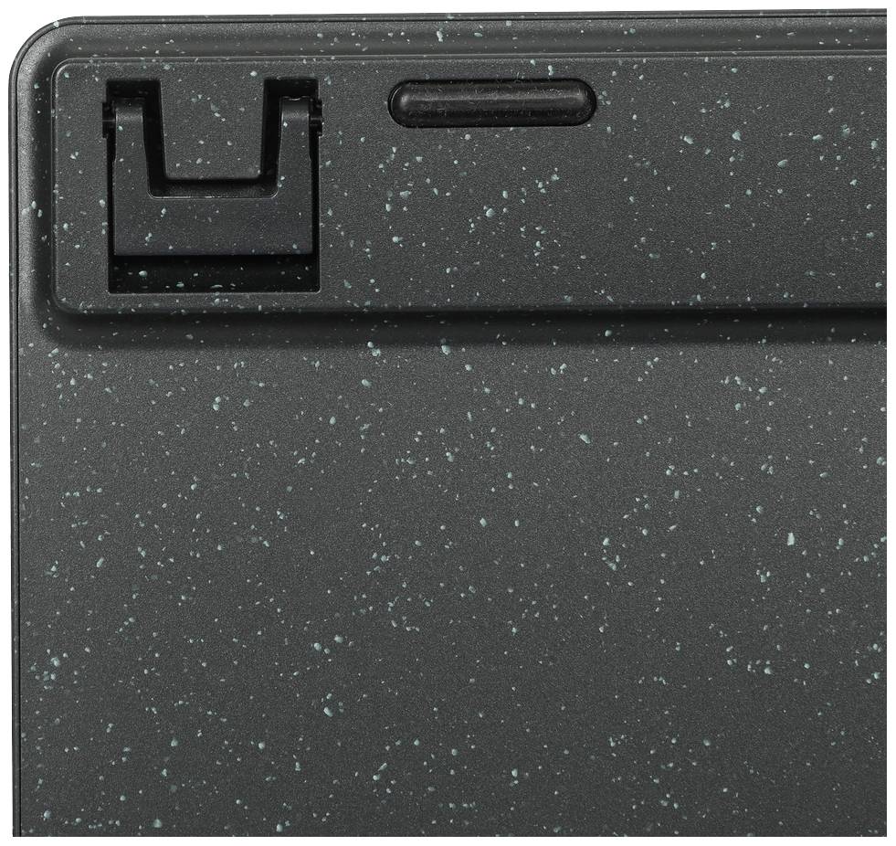 Schwarze Computergehäuseseite mit klappbarem Ständer und mattem Punktmuster in Türkis und Grau, Detailansicht.