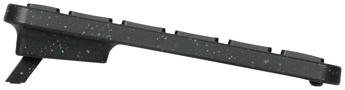 Eine seitliche Ansicht einer schwarzen Computertastatur mit klappbaren Standfüßen, die für eine ergonomische Neigung sorgt.