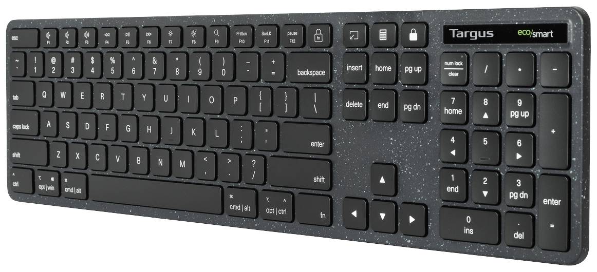 Drahtlose schwarze Tastatur mit numerischem Tastenfeld, Herstellerlogo 'Targus' oben rechts. Links liegt die Haupttastatur mit Funktionstasten.