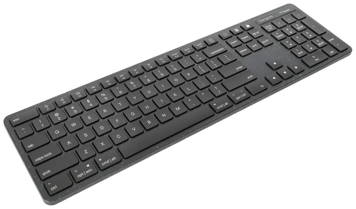 Schwarze Computer-Tastatur mit 104 Tasten, einschließlich Ziffernblock. Flaches Design, kabellos.