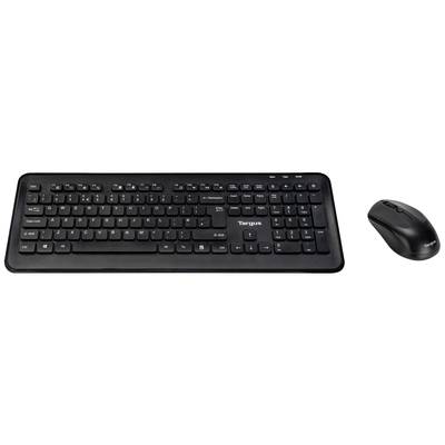 Tastatur und Maus-Set, schwarz, kabellos. Die Tastatur hat eine vollständige Tastenanordnung inklusive Pfeil- und Funktionstasten.