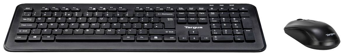Schwarze kabellose Tastatur und Maus-Set auf weißem Hintergrund. Die Tastatur hat einen Nummernblock und Funktionstasten.
