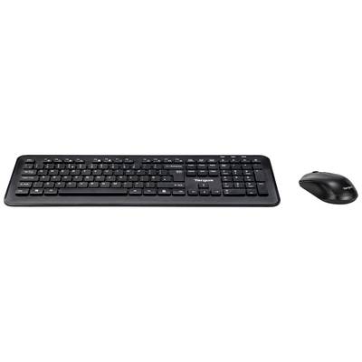 Schwarze kabellose Tastatur und Maus-Set auf weißem Hintergrund. Die Tastatur hat einen Nummernblock und Funktionstasten.