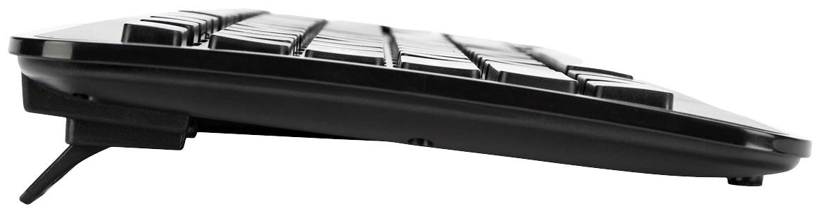 Seitenansicht einer schwarzen Computertastatur mit erweiterbaren Standfüßen, die die Neigung erhöhen.