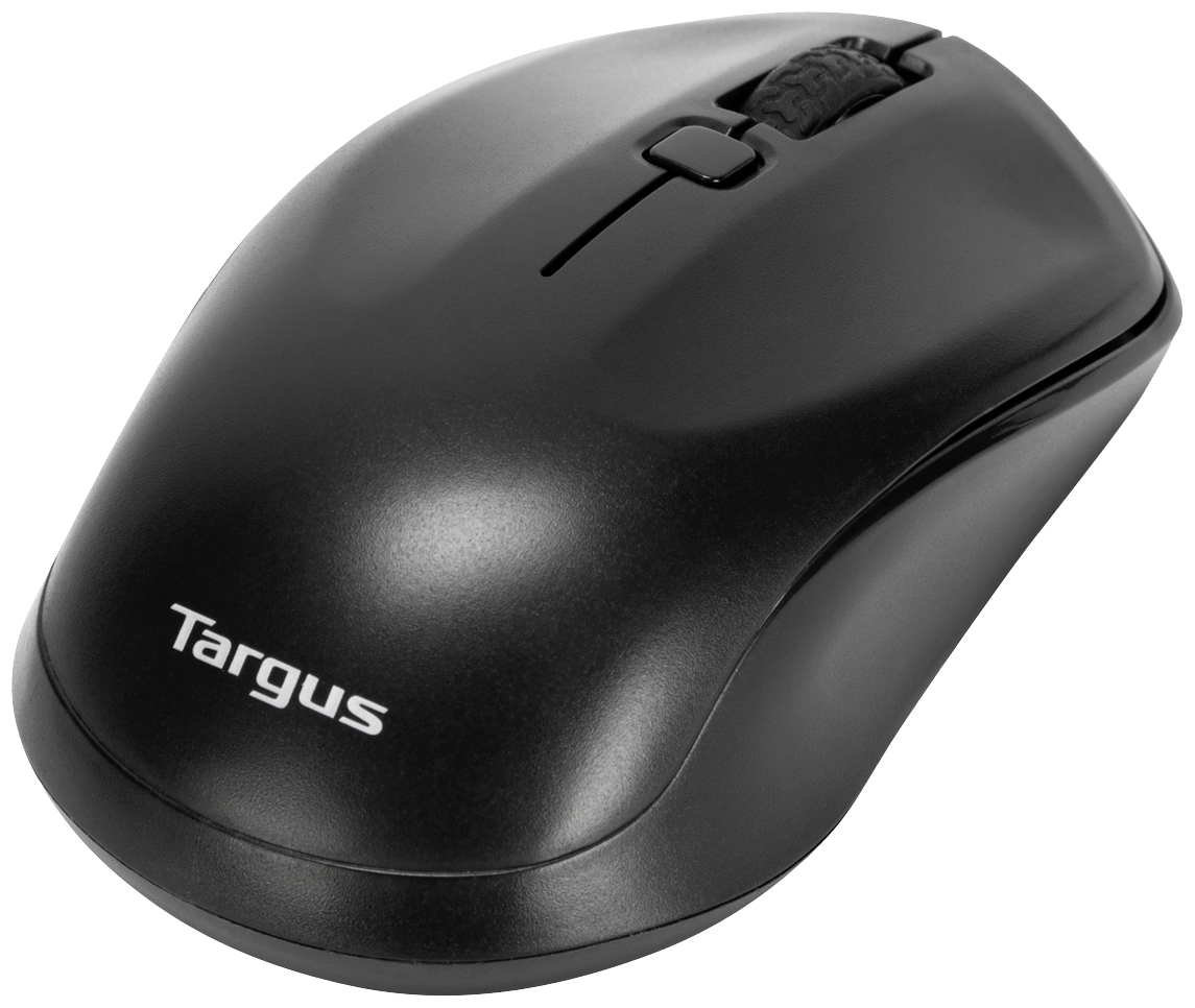 Schwarze kabellose Computermaus mit Scrollrad und linkem sowie rechtem Klickknopf. Marke 'Targus' ist unten aufgedruckt.