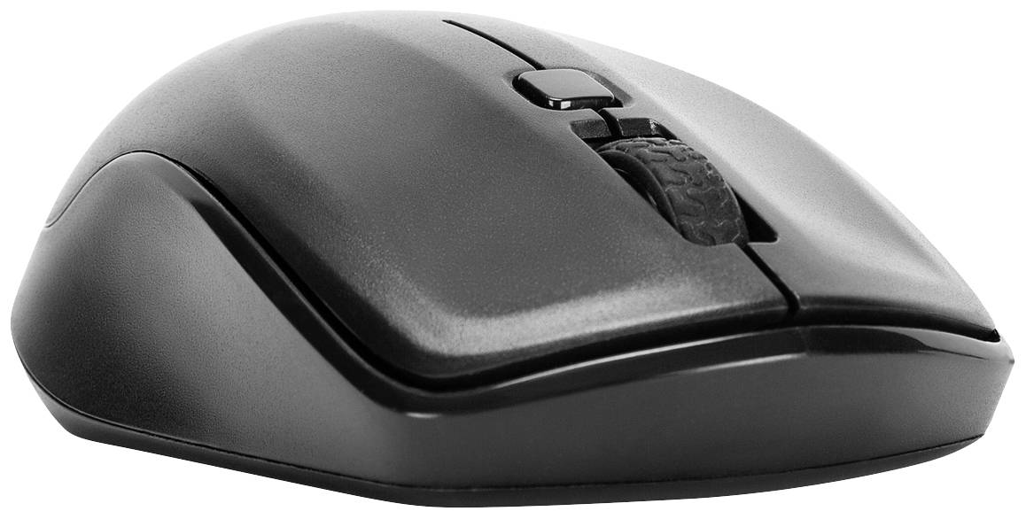 Schwarze Computermaus in seitlicher Ansicht, zeigt die Tasten und das Scrollrad, auf weißem Hintergrund.