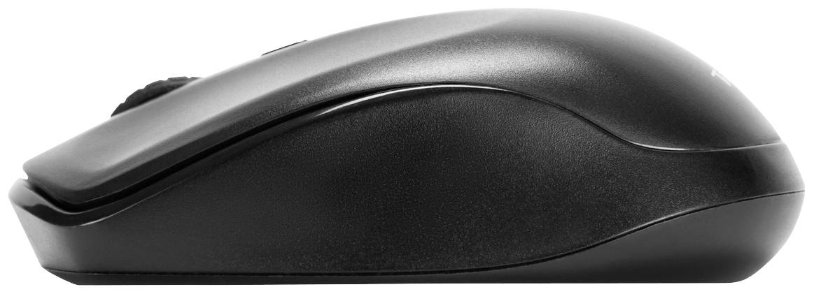 Schwarze kabellose Computermaus von der Seite.