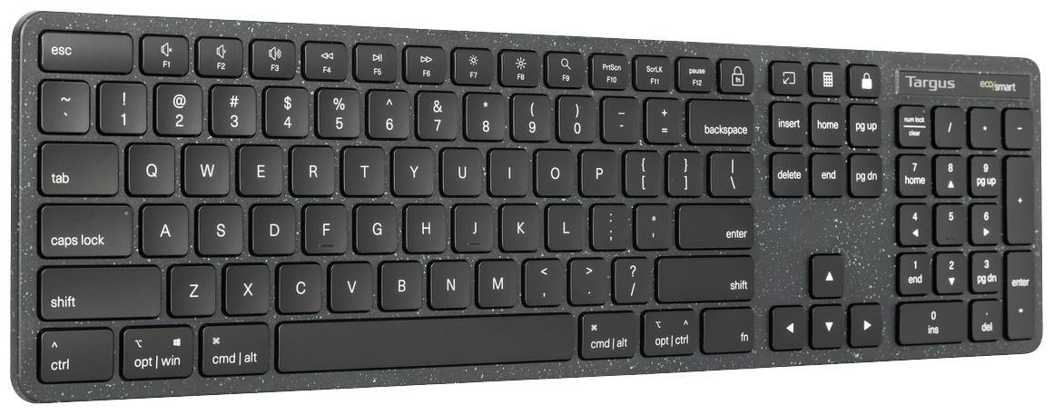 Schwarze Computertastatur mit Tasten für Escape, Funktionstasten, Zahlen und Buchstaben. Rechts sind Pfeiltasten und ein Ziffernblock.