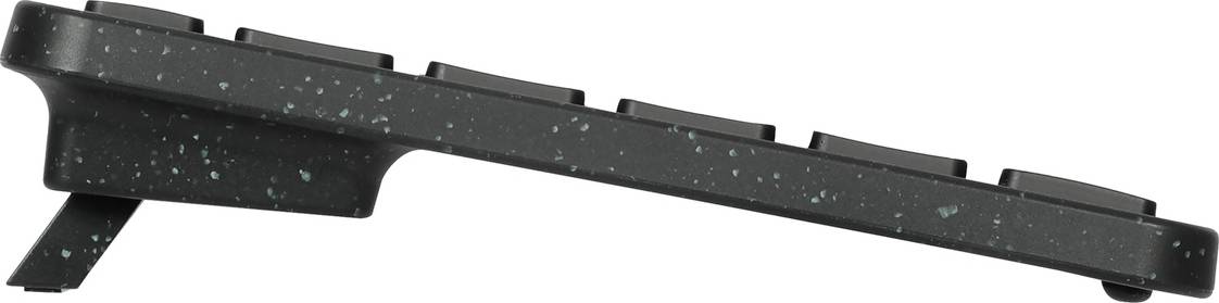 Seitliche Ansicht einer schwarzen Computertastatur mit blauen Sprenkeln und angewinkeltem Aufsteller für ergonomisches Tippen.