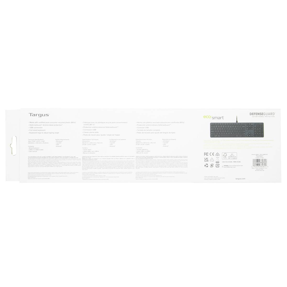 'Verpackung einer Targus EcoSmart Tastatur, Modellnummer AKB863. Enthält Spezifikationen, Umweltinformationen und Verteidigungsschutzdetails.'