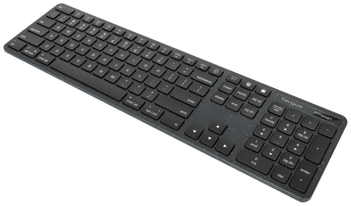 Schwarze, kabellose Tastatur von Targus mit abgerundeten Tasten und Ziffernblock, geeignet für Arbeit und Freizeit.