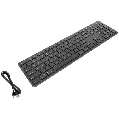 Kabellose Tastatur in Schwarz mit USB-Kabel zur Verbindung. Flaches Design, Ziffernblock rechts. Ideal für Büroarbeiten.