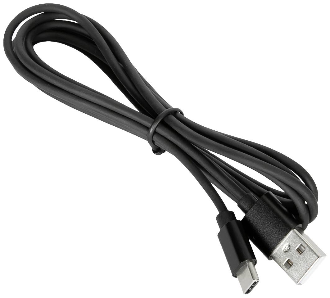 Ein schwarzes USB-Kabel mit USB-A- und USB-C-Anschlüssen, gewickelt und mit einer Kabelklemme gesichert.