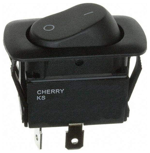 Ein schwarzer Wipenschalter mit der Aufschrift „CHERRY KS", mit Ein-/Ausschaltsymbolen, konzipiert für elektronische Geräte, mit einem einfachen rechteckigen Design.