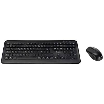 Schwarze Computertastatur und kabellose Maus, von links nach rechts angeordnet auf weißem Hintergrund. Tasten und Logo sichtbar.