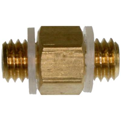 Ein Messing-Sechskant-Stecker mit zwei Außengewinden und Kunststoffringen seitlich. Geeignet für Rohre oder Schläuche.