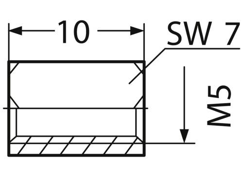Technische Zeichnung eines Bolzens mit einem Durchmesser von 10 mm, SW 7, Gewindegröße M5.