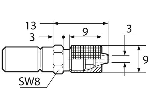 Technische Zeichnung eines zylindrischen Bauteils mit Maßen. Gesamtlänge 25 mm, Durchmesser 9 mm. Markierung 'SW8'.