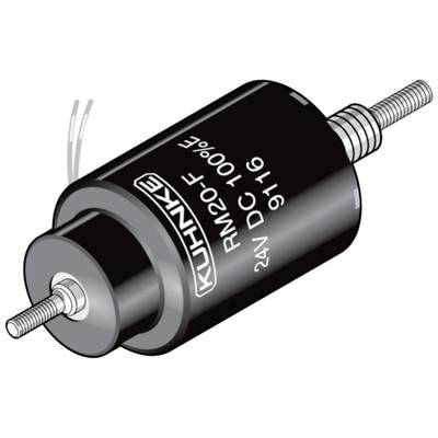 Zylinderförmiges Bauteil mit Aufschrift 'KUHNKE RM20-F 24V DC 100%' und Anschlusskabel, vermutlich ein elektrischer Aktuator.