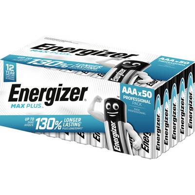 'Verpackung für Energizer Max Plus AAA-Batterien, 50 Stück. Verspricht bis zu 130% längere Haltbarkeit. 12 Jahre Lagerzeit garantiert.'