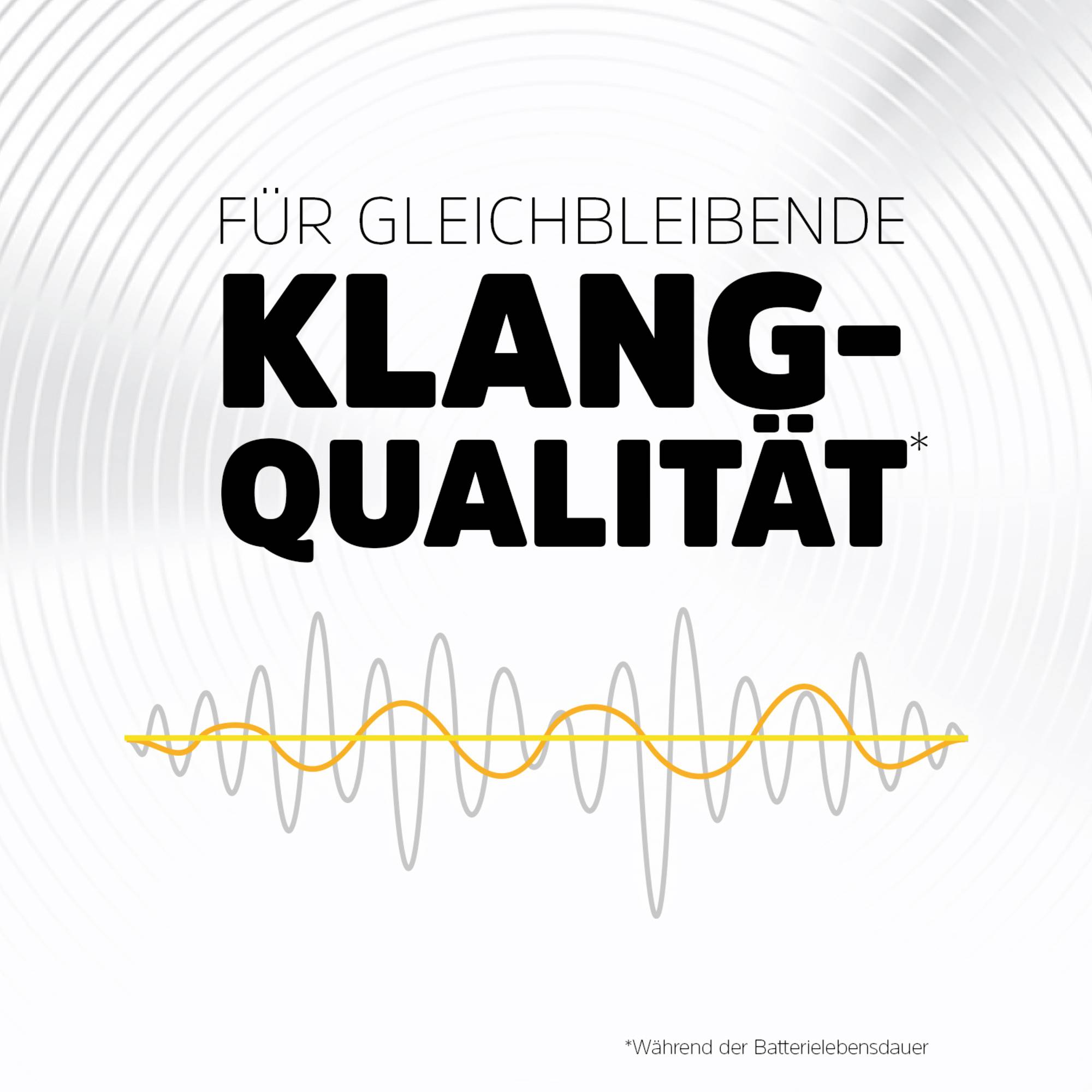 'Für gleichbleibende Klangqualität*' in großer, schwarzer Schrift. Im Hintergrund wellenförmiges Muster. Kleine Fußnote: '*Während der Batterielebensdauer'.
