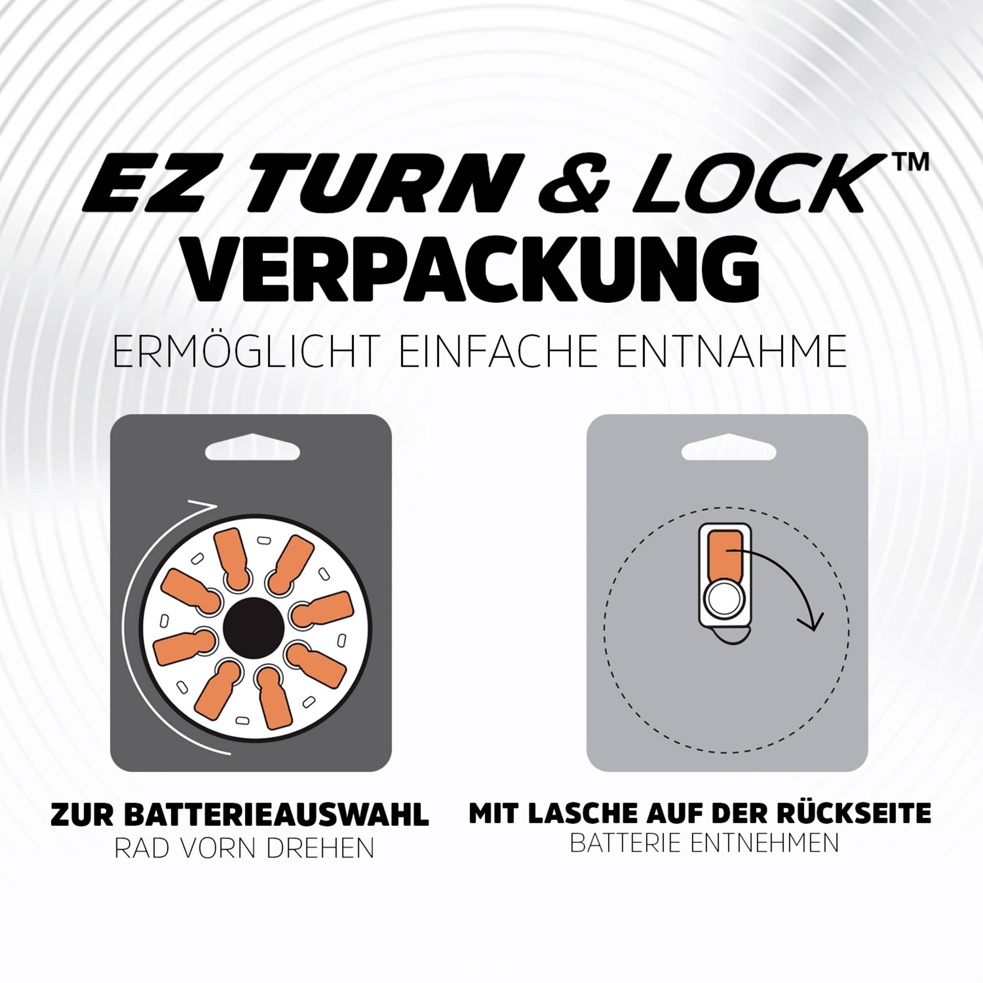 'EZ Turn & Lock' Verpackung. Zwei Batterieverpackungen dargestellt: links mit Radvorrichtung, rechts mit Lasche für einfache Entnahme.