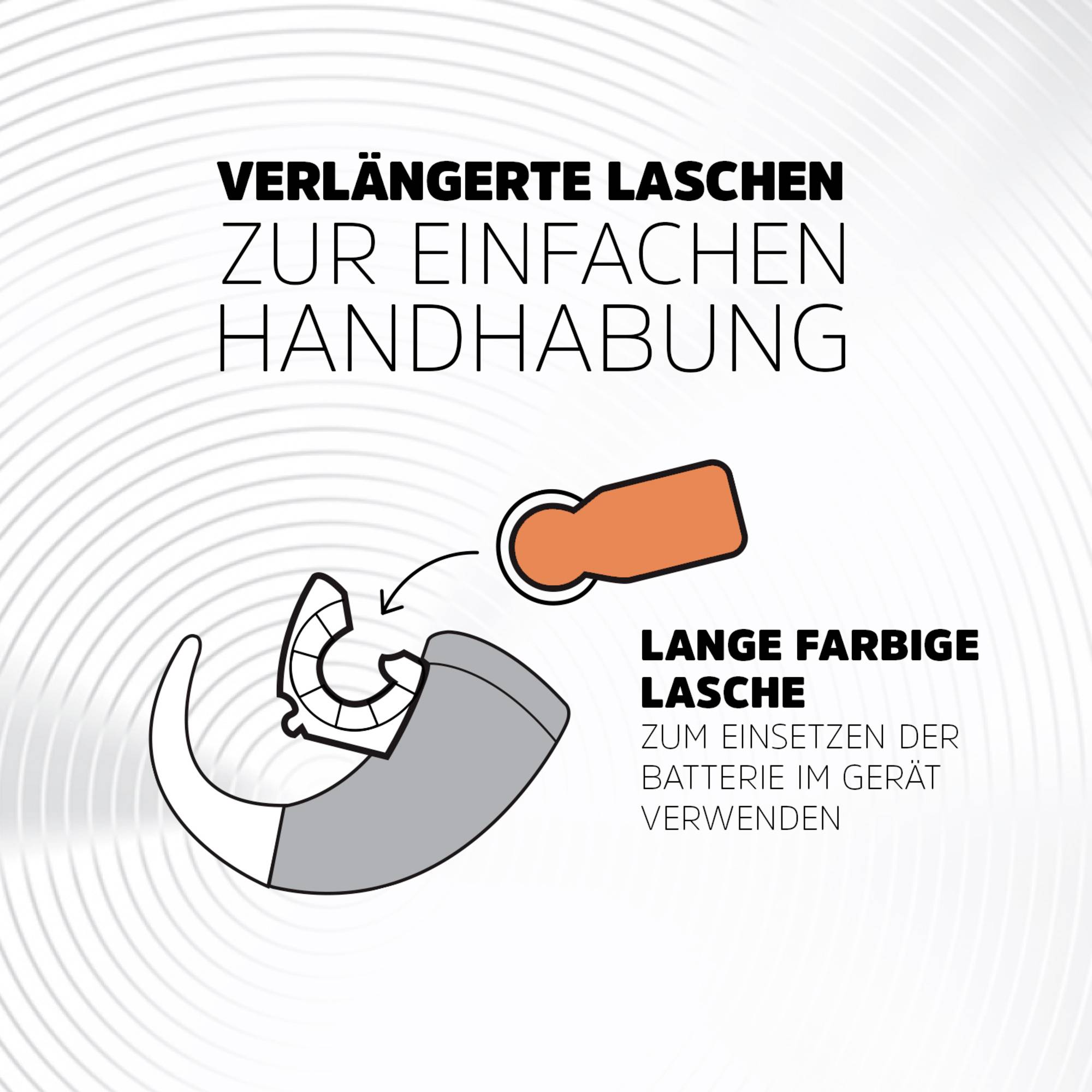 'Verlängerte Laschen zur einfachen Handhabung' steht oben. Bild zeigt eine graue Batterie mit einer orangefarbenen Lasche. Text daneben: 'Lange farbige Lasche zum Einsetzen der Batterie im Gerät verwenden'. Hintergrund hat ein kreisförmiges Linienmuster.