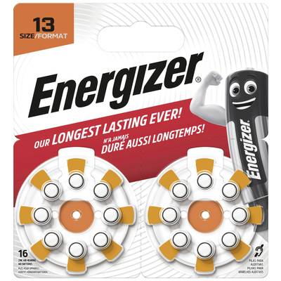 Hörgerätebatterien von Energizer, 13er Format, verpackt in zwei Discs mit dem Maskottchen rechts.