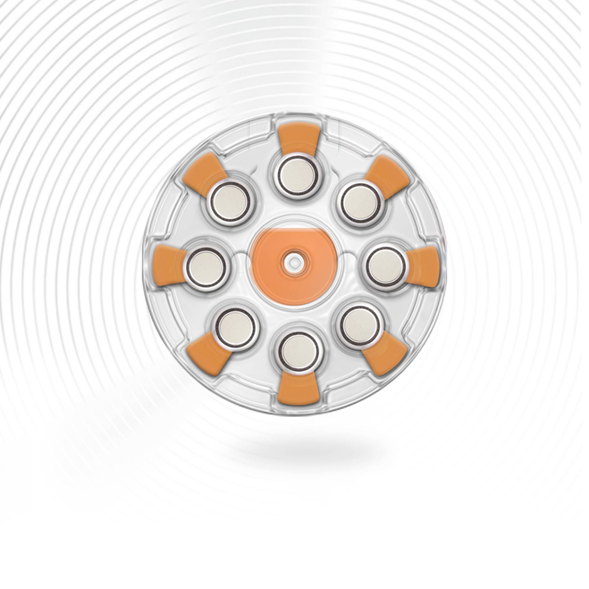 Ein orange-graues, rundes Objekt mit kreisförmigen Mustern und mehreren symmetrischen Elementen auf weißem, konzentrisch-geripptem Hintergrund.