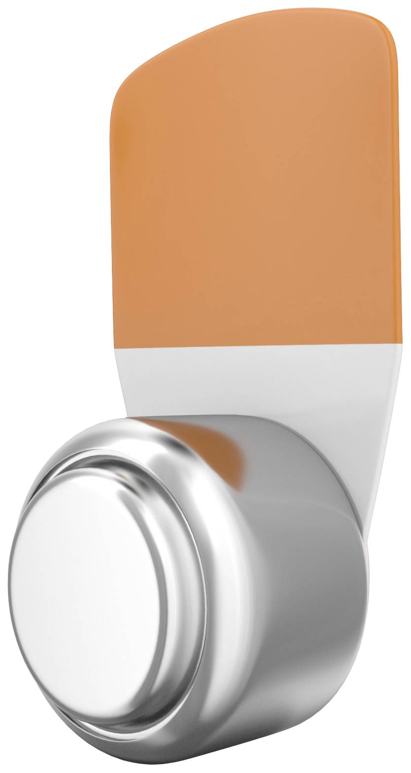 Ein silberner Haken mit orangefarbenem Kunststoffkopf, zur Wandbefestigung geeignet. Ideal für Mäntel, Handtücher oder Taschen.