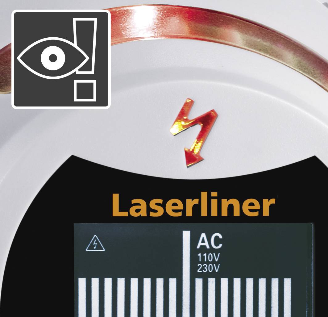 Das Bild zeigt das Logo der Marke "Laserliner" auf einem Gerät, das Spannung anzeigt: 110V und 230V Wechselstrom. Ein Warnsymbol oben links.