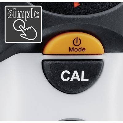 Nahaufnahme eines elektronischen Geräts mit den Tasten 'Mode' in Orange und 'CAL' in Schwarz. Oben links das Symbol 'Simple' mit einem Finger.