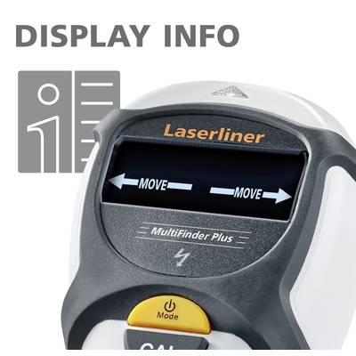 'Laserliner MultiFinder Plus' Gerät mit beleuchtetem Display, zeigt 'Move' Pfeile. Hintergrund: Symbol für Display-Information.