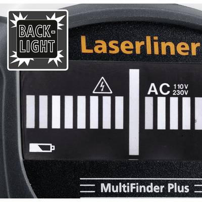 'Laserliner MultiFinder Plus' Display. Zeigt Symbole für Batteriestand, Spannung (AC 110V/230V). Fokus auf 'Backlight' Funktion und wissenschaftliche Symbole.