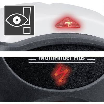 Warnschild mit einem stilisierten Auge und einem Ausrufezeichen. Rotes Licht oben zeigt ein Warnsignal an.