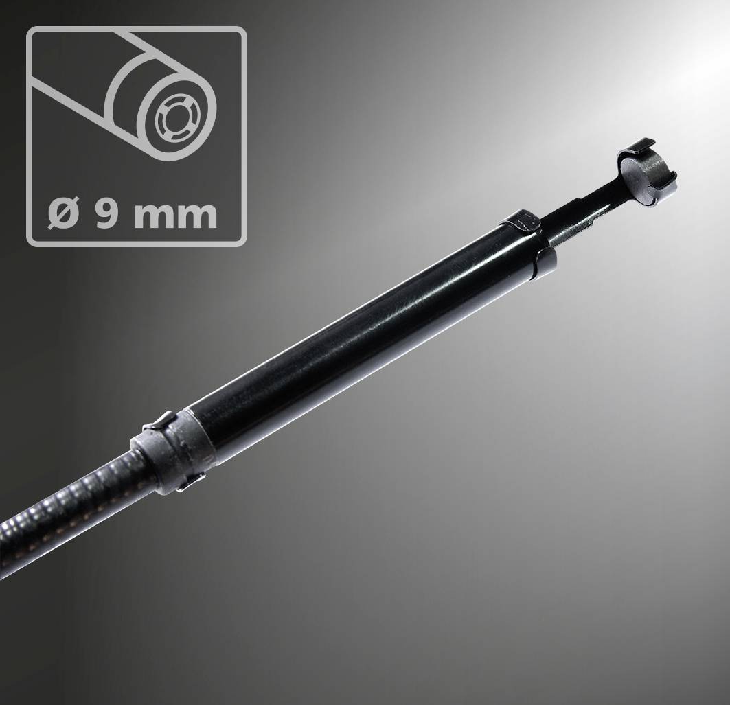 'Flexibles Rohr, Ø 9 mm' auf dunkelgrauem Hintergrund. Ein schwarzes, gebogenes Rohr ist abgebildet, das Stabilität und Flexibilität hervorhebt.